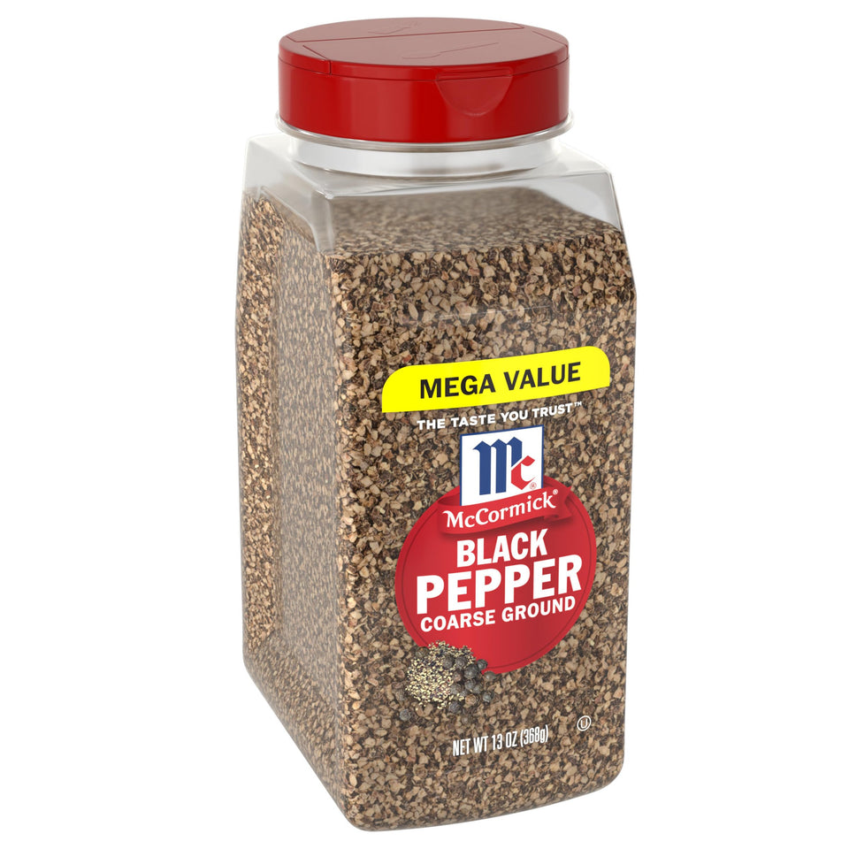 McCormick Coarse Ground Black Pepper bottle front view showing premium peppercorns for versatile seasoning