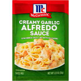 McCormick Creamy Garlic Alfredo Sauce Mix package ready for a family dinner.