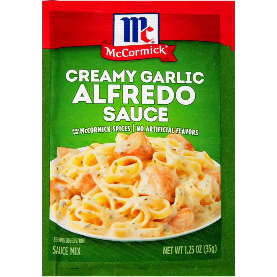 McCormick Creamy Garlic Alfredo Sauce Mix package ready for a family dinner.