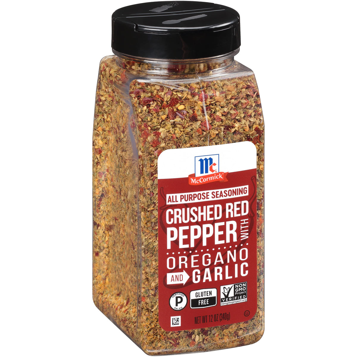McCormick Crushed Red Pepper with Oregano and Garlic bottle showing versatile seasoning for meats.