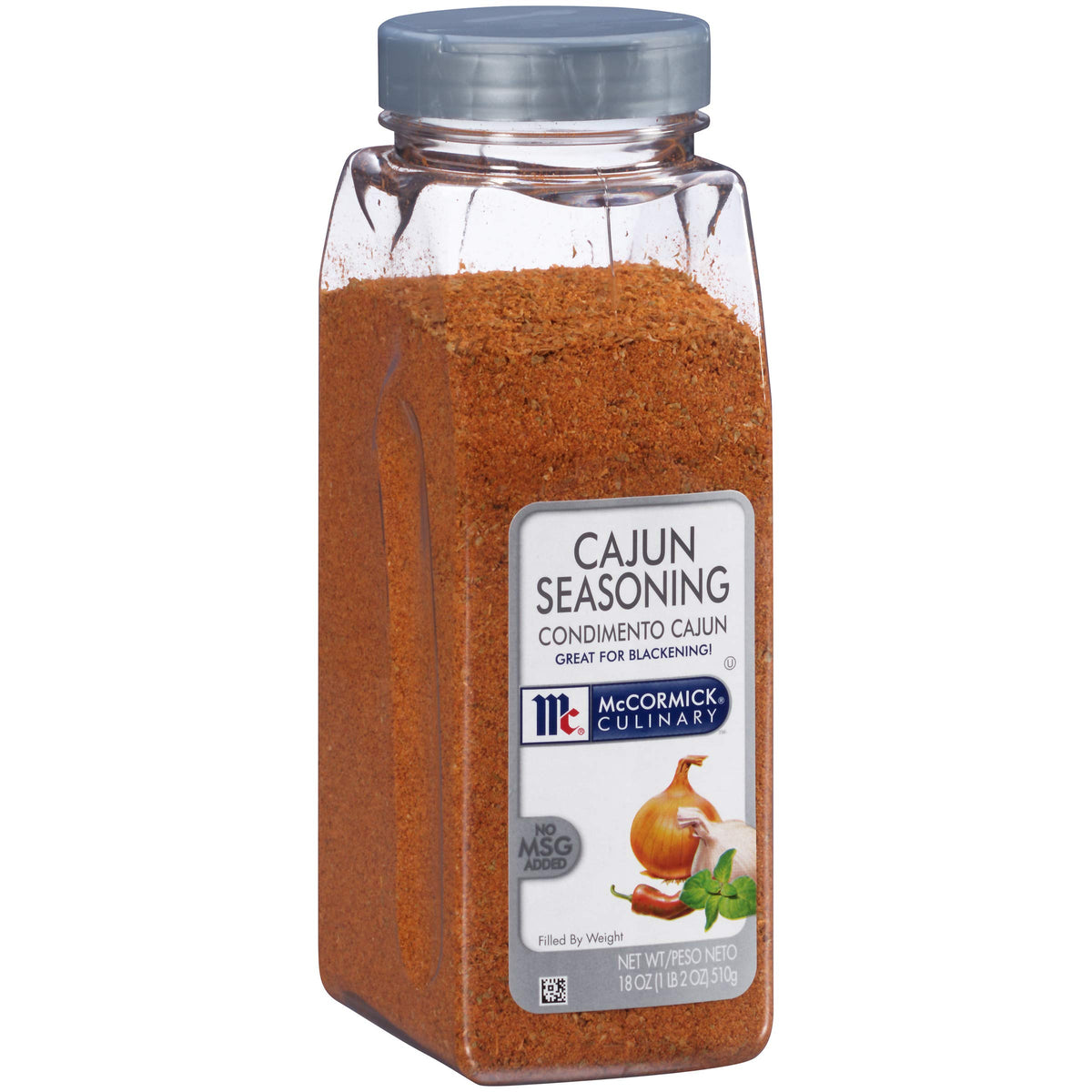 McCormick Culinary Cajun seasoning bottle shows bold Louisiana flavor for seafood.