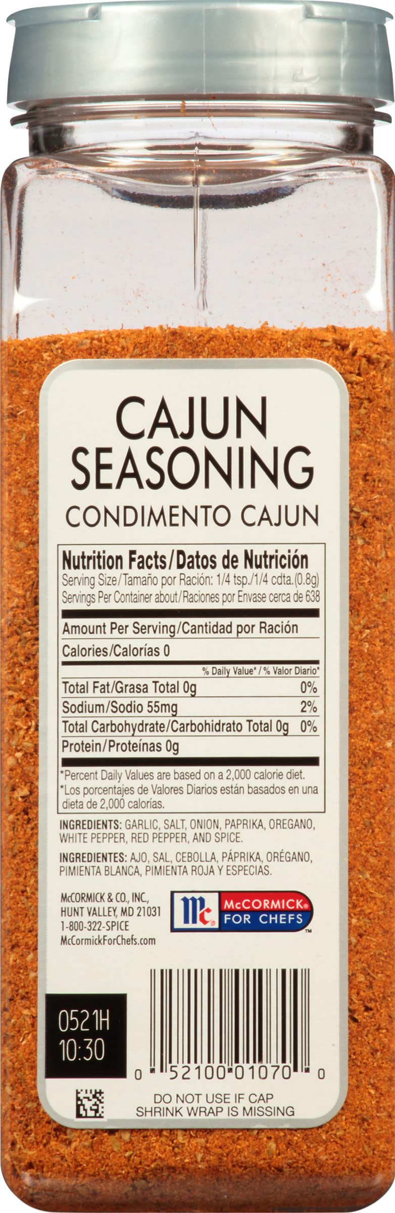 Close-up of McCormick Culinary Cajun seasoning label highlighting premium ingredients and consistency.