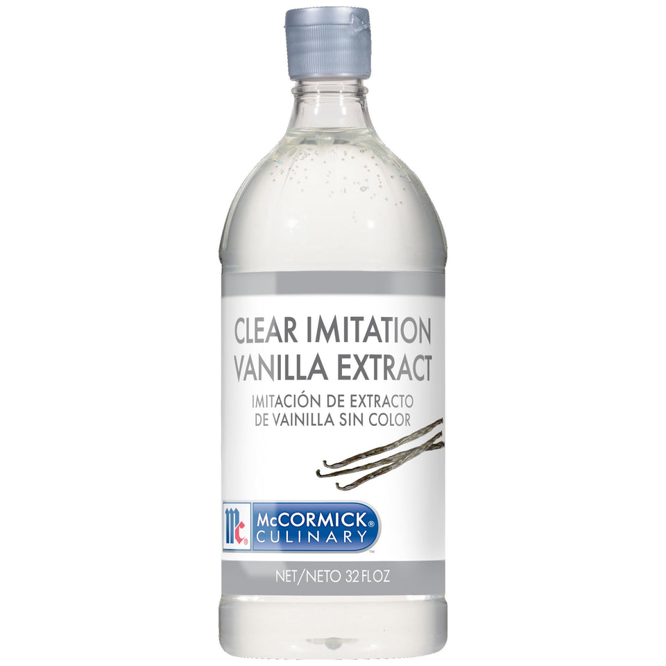 McCormick Culinary Clear Imitation Vanilla Extract bottle pour for precise baking flavor.