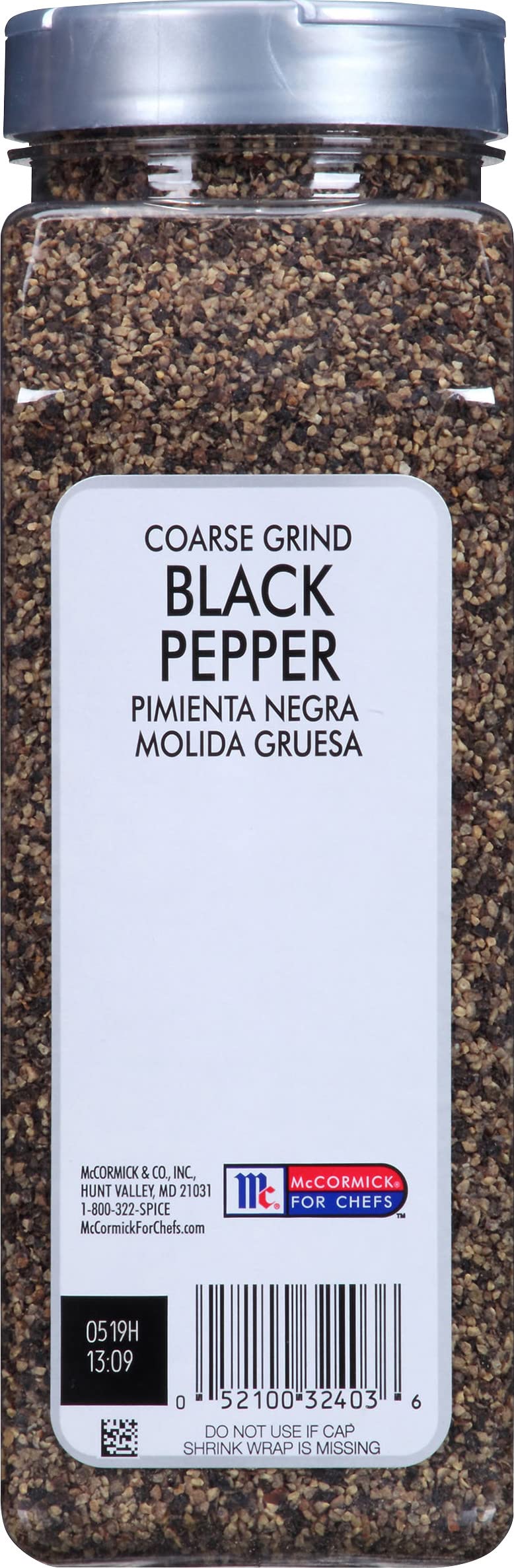McCormick Culinary coarse grind black pepper bottle on kitchen shelf for consistent seasoning.