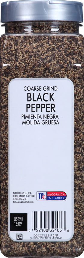 McCormick Culinary coarse grind black pepper bottle on kitchen shelf for consistent seasoning.