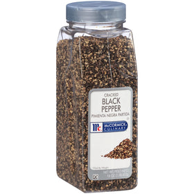 McCormick Culinary cracked black pepper bottle for bold garnish and immediate seasoning.