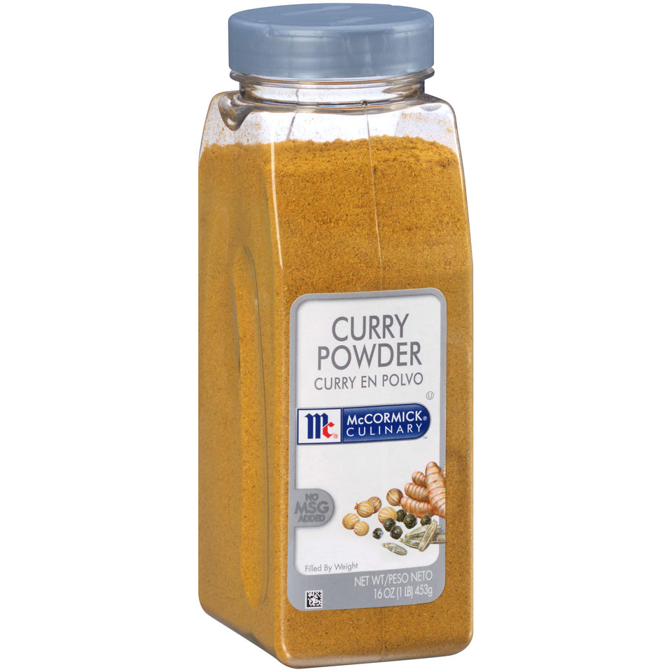 McCormick Culinary curry powder jar on shelf offers consistent, high-quality flavor.