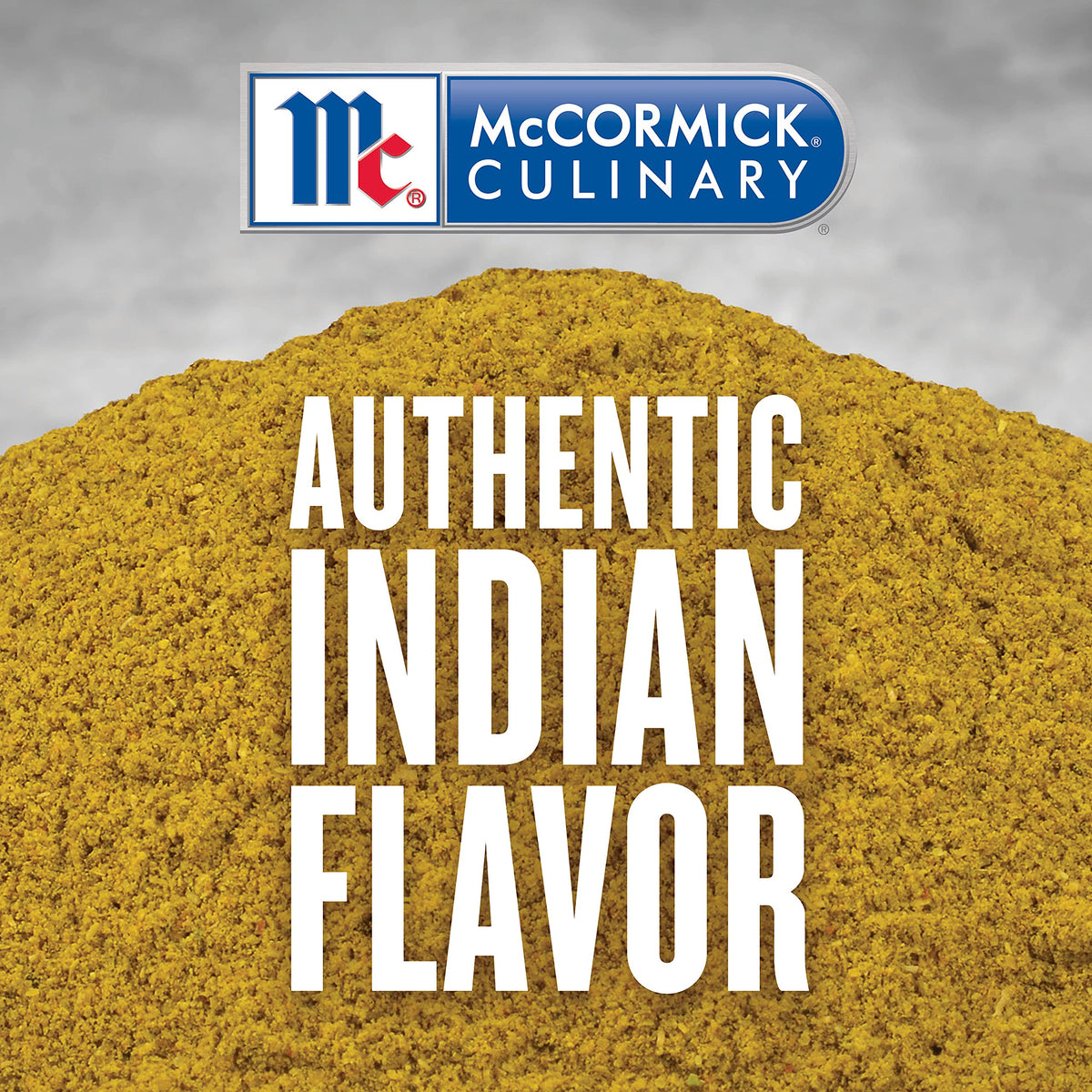 Closeup of McCormick Culinary curry powder texture highlighting premium spices.