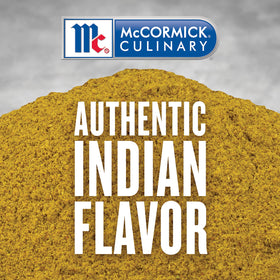 Closeup of McCormick Culinary curry powder texture highlighting premium spices.