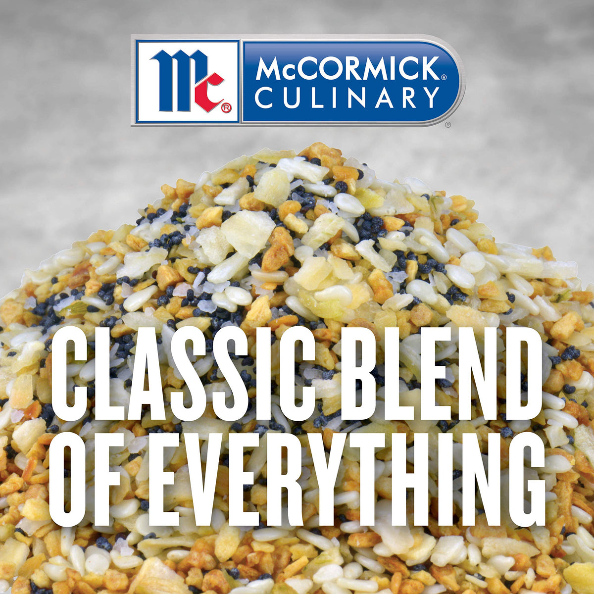 McCormick Culinary Everything Bagel Seasoning bottle close-up shows textured seeds and spices