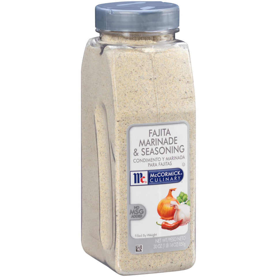 McCormick Culinary fajita marinade bottle delivers bold Tex-Mex flavor for grilled meat.