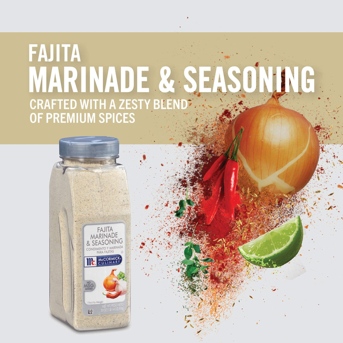 Sizzling fajitas flavored by McCormick Culinary marinade while grilling.