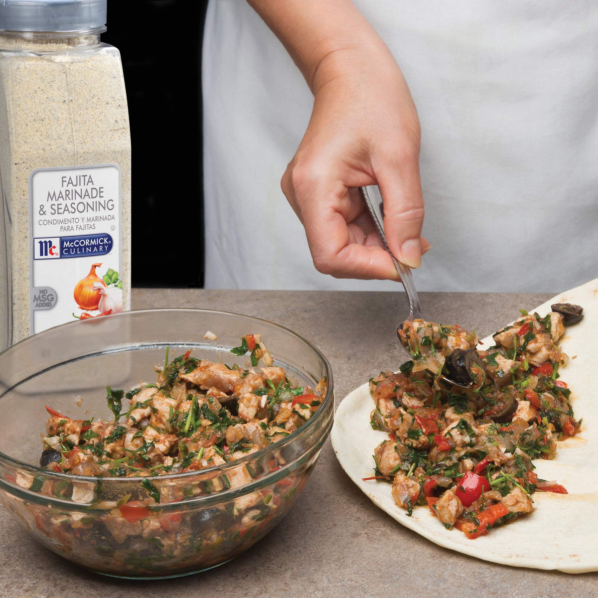 Family dinner powered by McCormick Culinary fajita marinade for bold flavor.