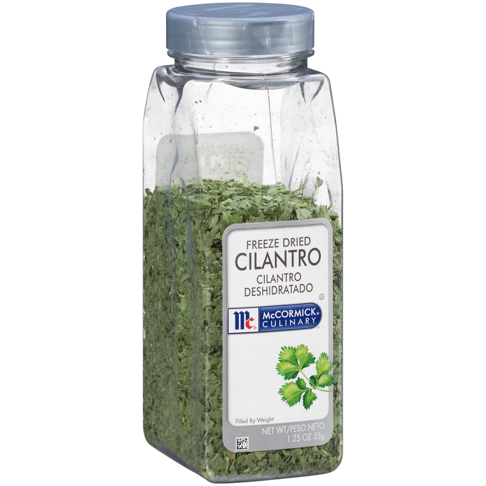McCormick Culinary freeze-dried cilantro leaves in a bottle delivering vibrant color and citrus notes.