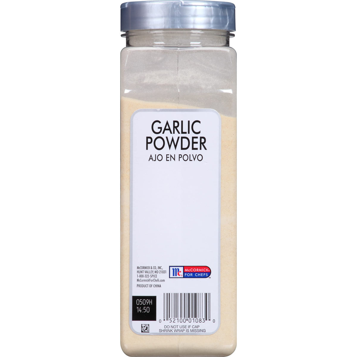 McCormick Culinary Garlic Powder label closeup showing fine texture
