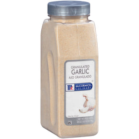 McCormick Culinary granulated garlic 26oz container, ideal for quick beef and pork rubs.