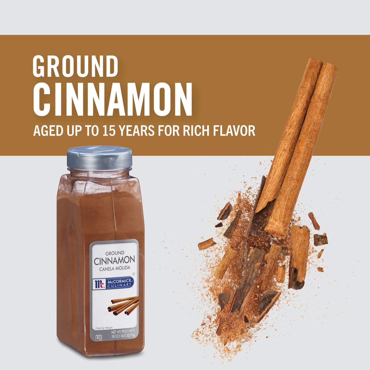 McCormick Culinary Ground Cinnamon powder-dispense ideal for cookies and cakes prep.