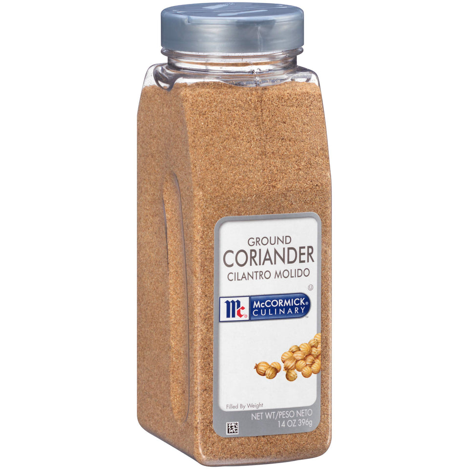 McCormick Culinary Ground Coriander container shows bright powder for curries and marinades.