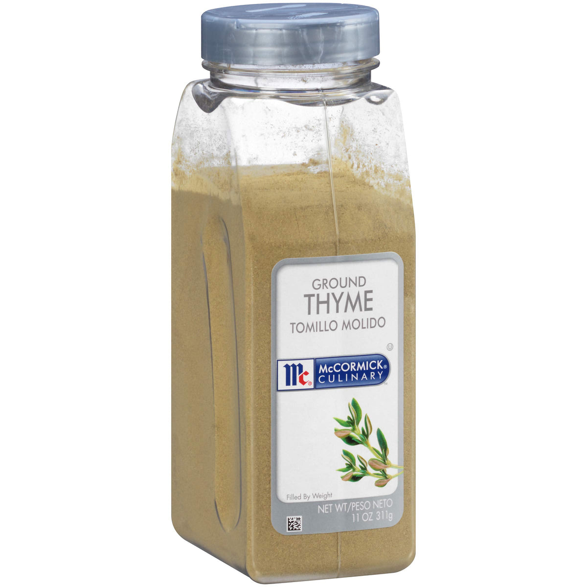 McCormick Culinary Ground Thyme 11oz container on a kitchen counter, ideal for soups.