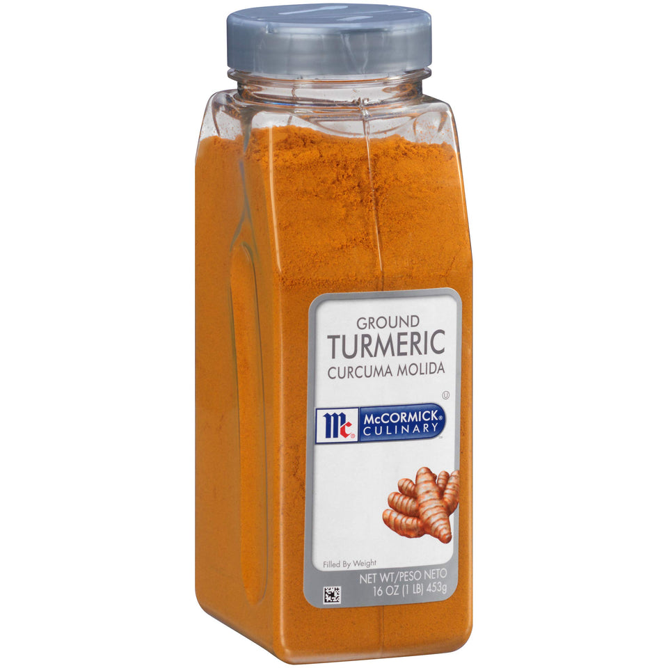 McCormick Culinary ground turmeric 16oz container showcases vibrant color and aroma for curries