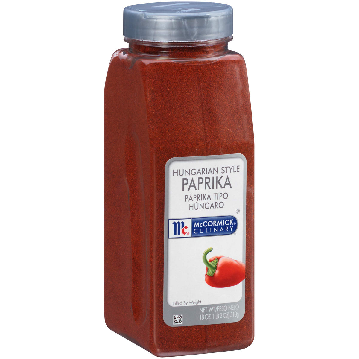 McCormick Culinary Hungarian Style Paprika container showing vibrant red color for appealing presentations.