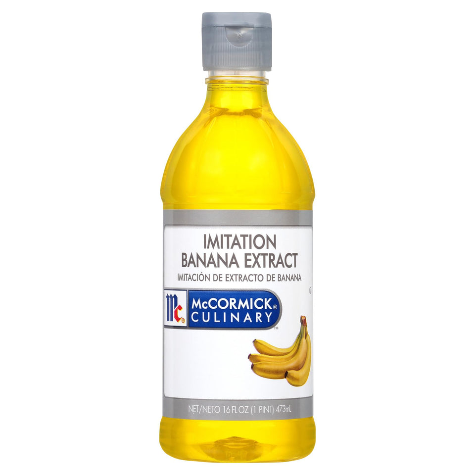 McCormick Culinary imitation banana extract bottle delivers rich banana flavor for baking.