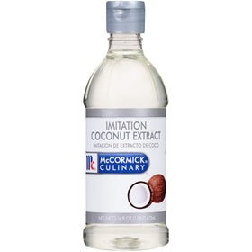 McCormick Culinary imitation coconut extract bottle provides tropical flavor for pastries.