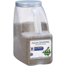 McCormick Culinary Italian Seasoning bottle close-up, premium herbs ideal for pasta sauces.