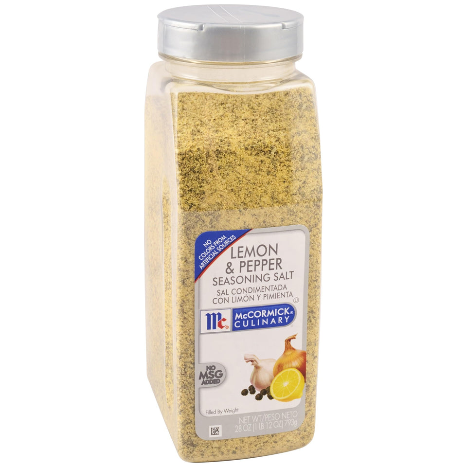 McCormick Culinary Lemon & Pepper seasoning bottle close-up, boosts citrus flavor.