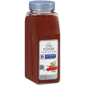 McCormick Culinary Light Chili Powder 18 oz bottle adds mild Tex-Mex flavor to dishes.