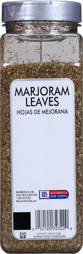 Pantry jar of McCormick Culinary Marjoram Leaves on a kitchen shelf.