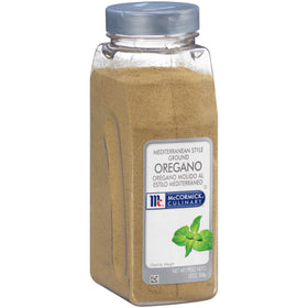 McCormick Culinary ground oregano bottle pour enhances Greek and Italian recipes with bold aroma.