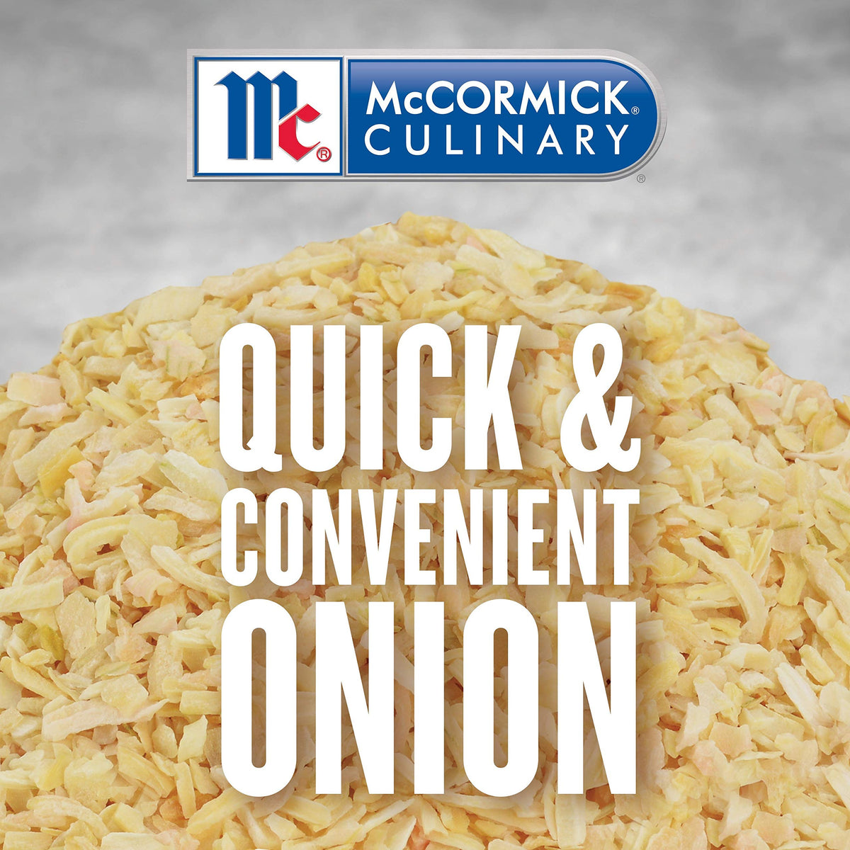 Closeup of McCormick Culinary Minced Onion flakes shows versatile, pantry-friendly seasoning.