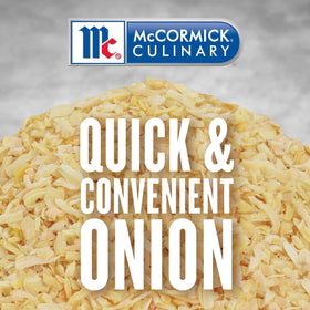 Closeup of McCormick Culinary Minced Onion flakes shows versatile, pantry-friendly seasoning.