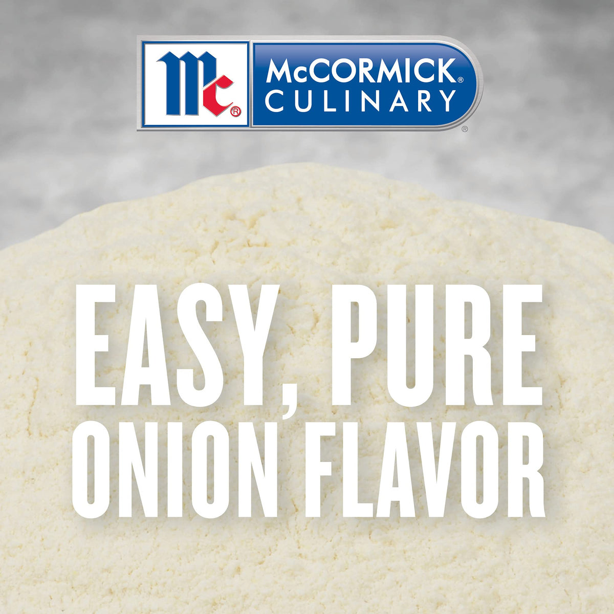 Measuring spoon beside McCormick Culinary Onion Powder for precise seasoning.