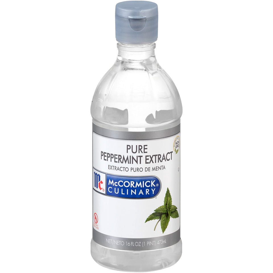 McCormick Culinary Pure Peppermint Extract bottle offers real peppermint flavor for cookies and beverages.