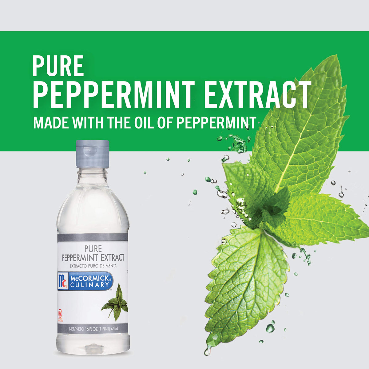 McCormick Culinary Peppermint Extract label emphasizes premium quality and versatility in baking.