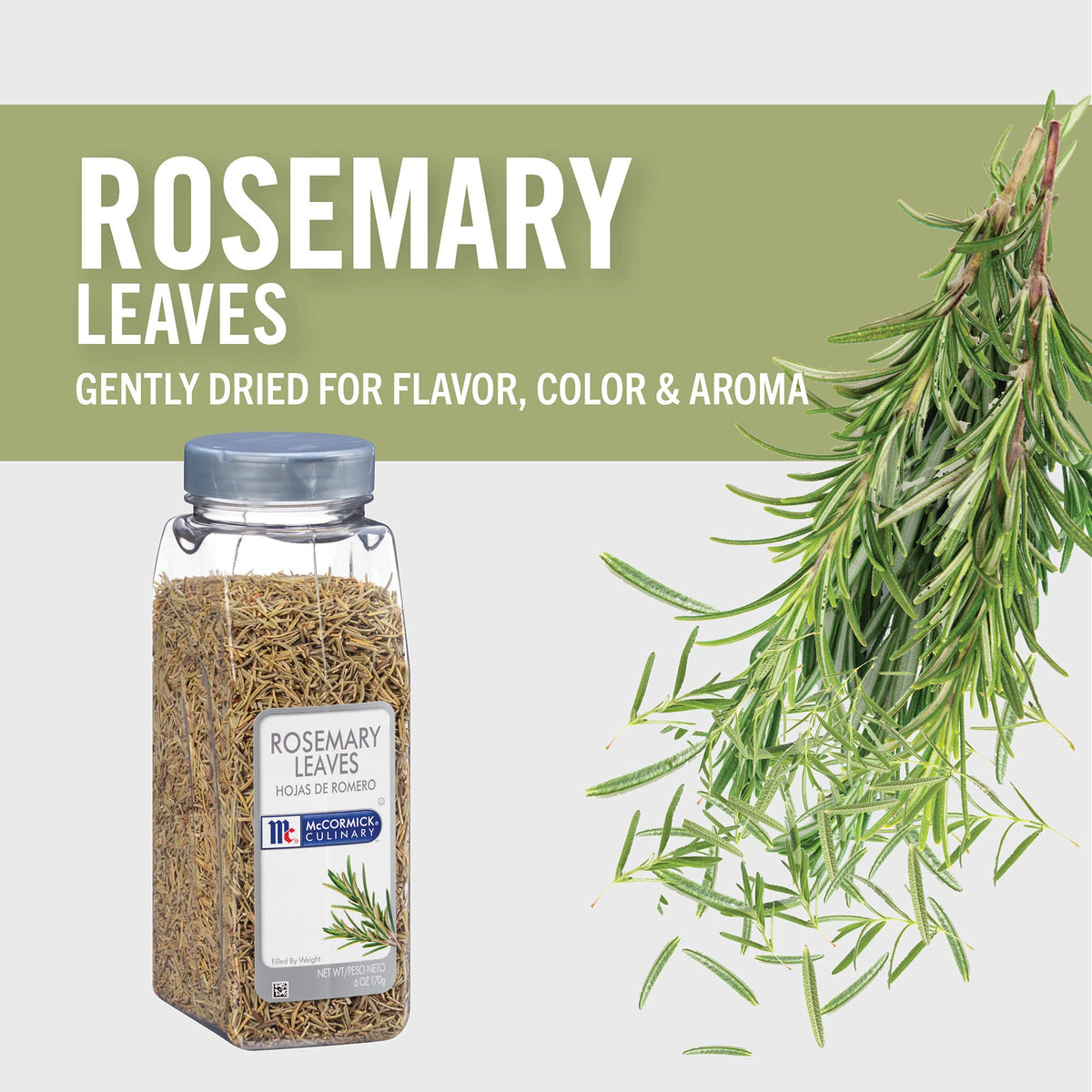 McCormick Culinary dried rosemary leaves poured from the jar for cooking and finishing dishes.