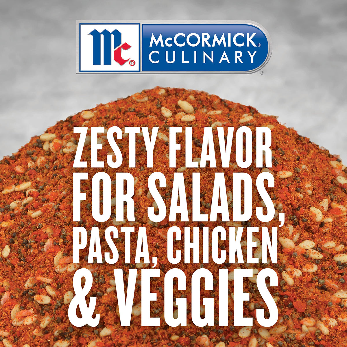 McCormick Culinary Salad Supreme sprinkled on burgers and vegetables for flavor.