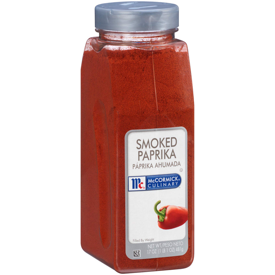 McCormick Culinary Smoked Paprika bottle shows rich color for robust flavor in dishes.