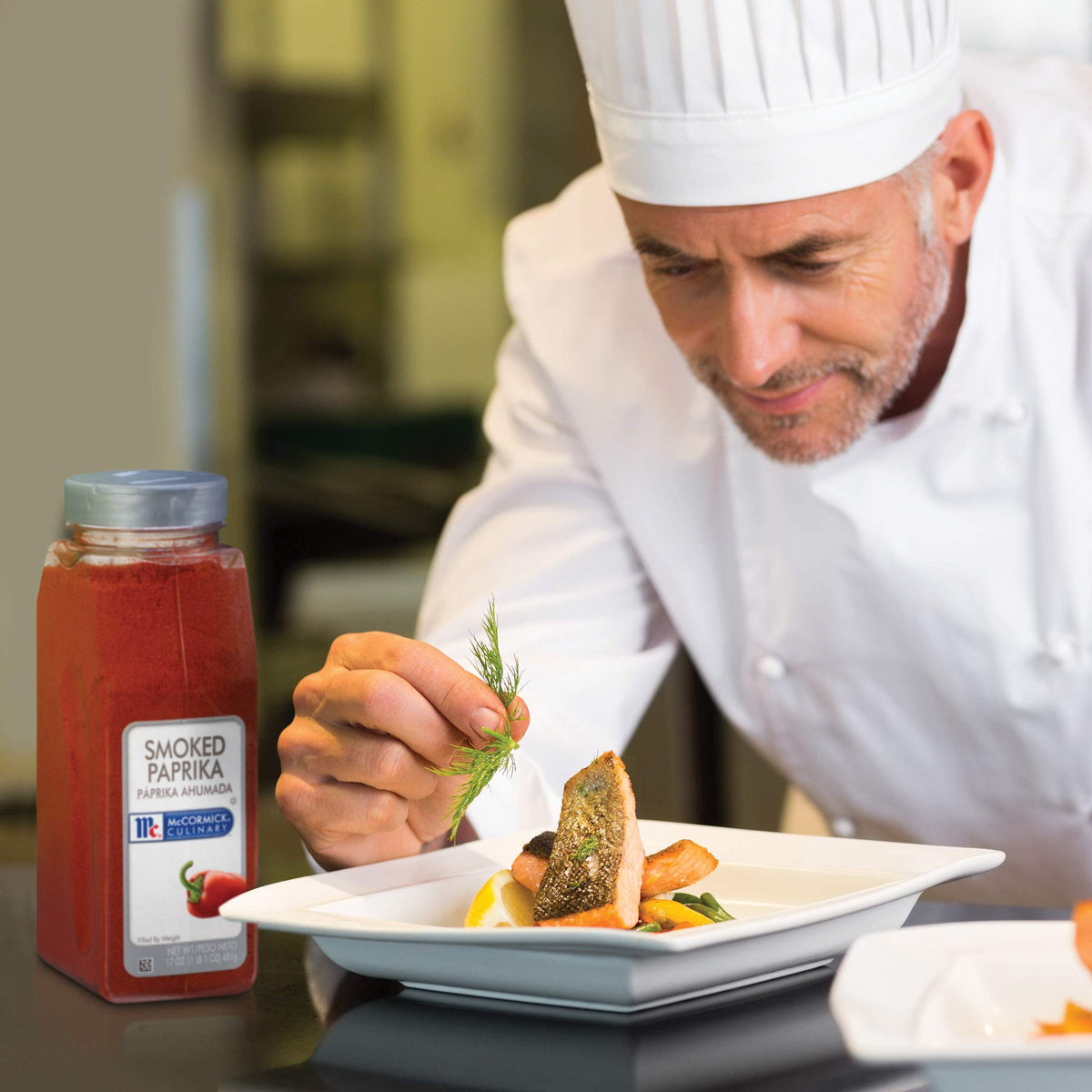 McCormick Culinary Smoked Paprika on chicken dish enhances smoky aroma and color.