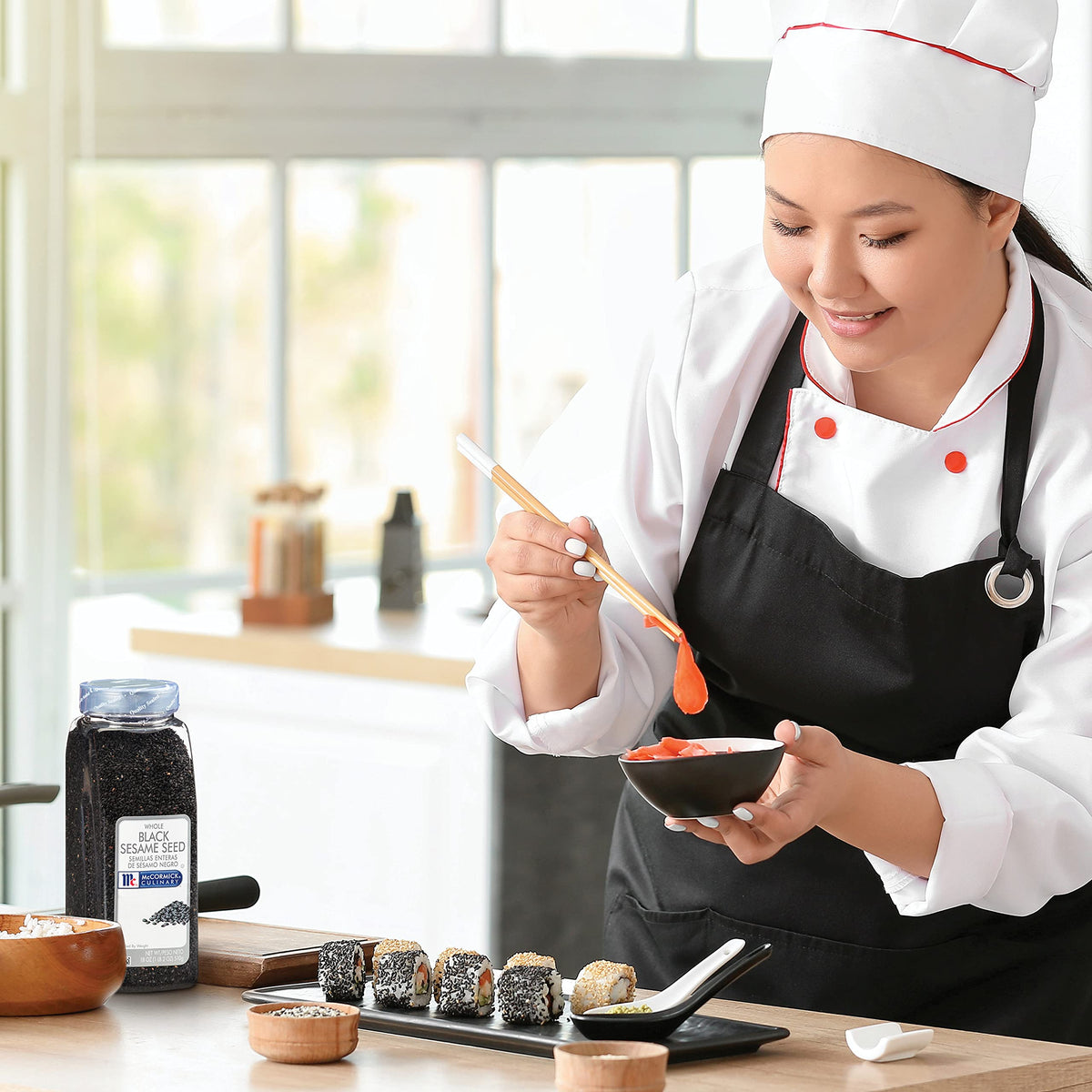 Toasted McCormick Culinary black sesame seeds release aroma, elevating Asian dishes.