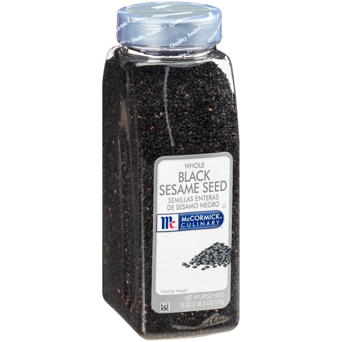 McCormick Culinary whole black sesame seeds in 18 oz container, ideal for sushi and stir-fries.