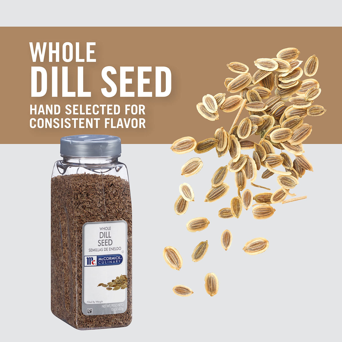 McCormick Culinary dill seeds on shelf showing professional kitchen size.