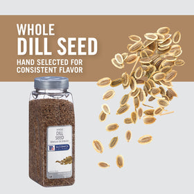 McCormick Culinary dill seeds on shelf showing professional kitchen size.