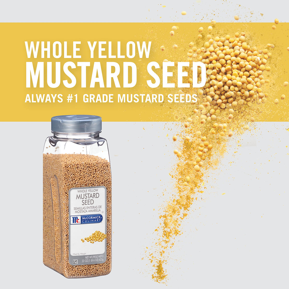 Close-up of yellow mustard seeds reveals uniform size and color for consistent use.