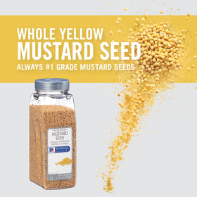 Close-up of yellow mustard seeds reveals uniform size and color for consistent use.