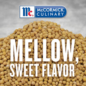 McCormick Culinary yellow mustard seed jar close-up emphasizes quality and aroma.
