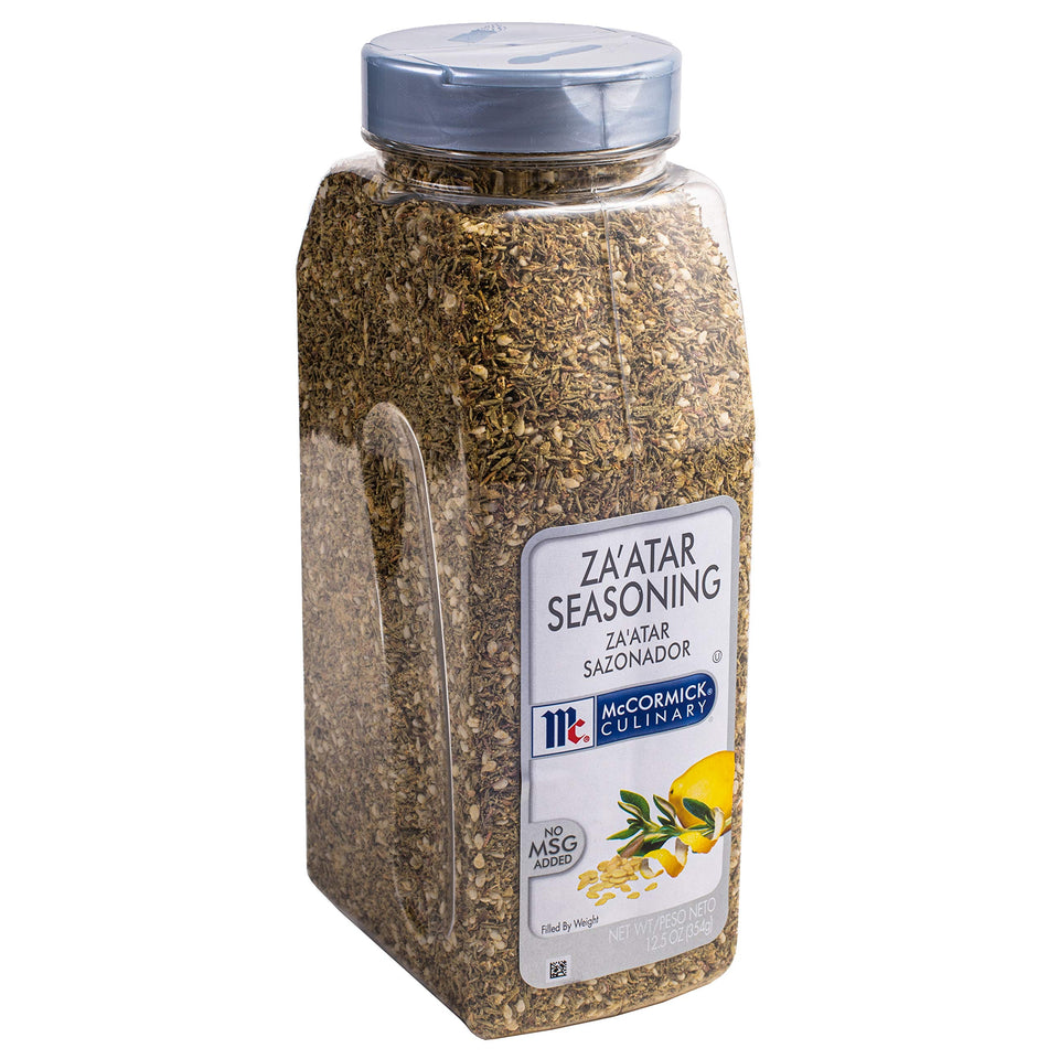 McCormick Culinary Za'atar seasoning jar on kitchen shelf for easy Mediterranean flavor.