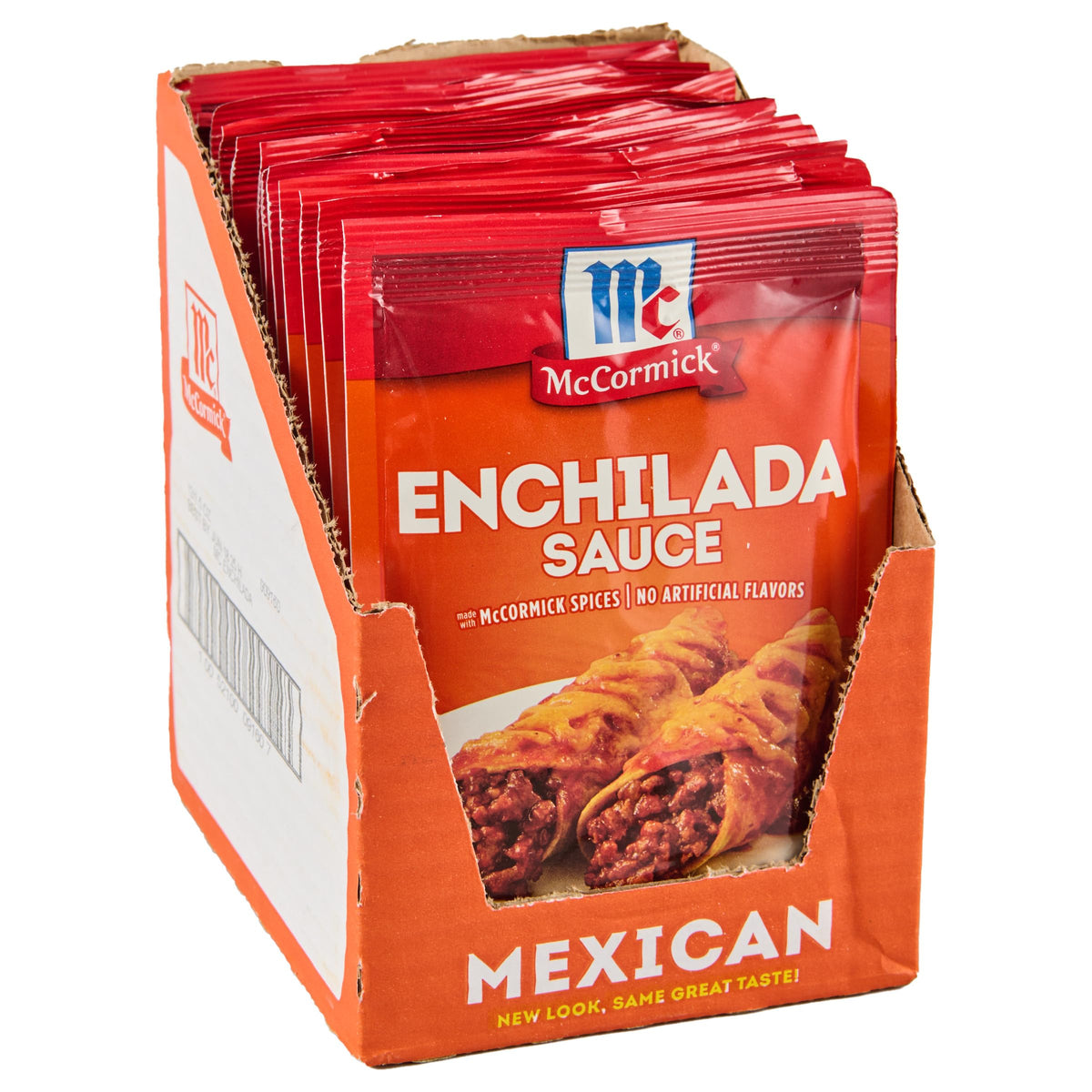 McCormick Enchilada Sauce Mix box close-up showing the zesty blend for quick dinners